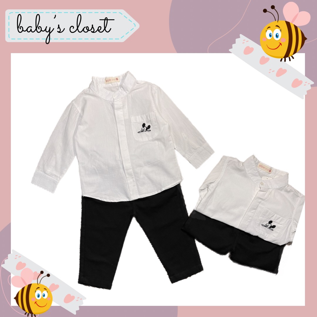 Set sơ mi trắng mickey cho bé trai phong cách hàn quốc - baby's closet- bộ quần áo sơ mi bé trai từ 9-26kg chuẩn soái ca