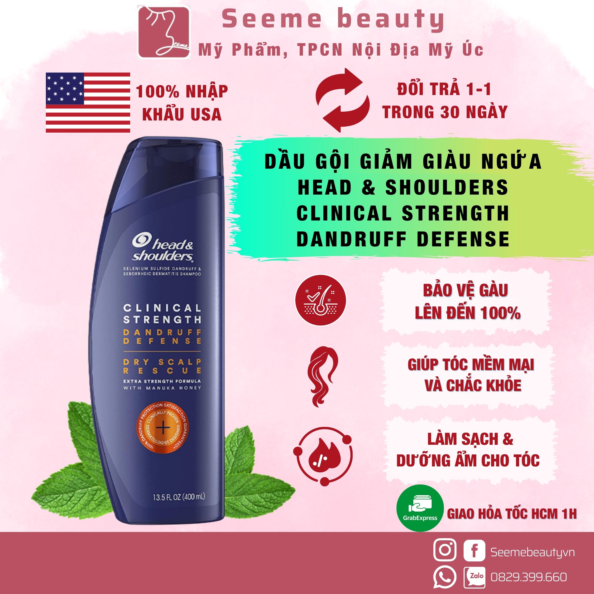 Dầu Gội Giảm Ngứa Giảm Gàu Head & Shoulders Clinical Strength Dandruff Defense 400 ml Seeme Beauty