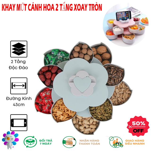 Khay mứt tết 2023 - khay mứt, hộp đựng mứt tết - khay đựng bánh kẹo 2 tầng hình cánh hoa cao cấp - khay mứt xoay 2 tầng hình cánh hoa, hộp trang trí ngày tết đựng thức ăn, giá đỡ điện thoại, khay đựng hướng dương, bánh kẹo
