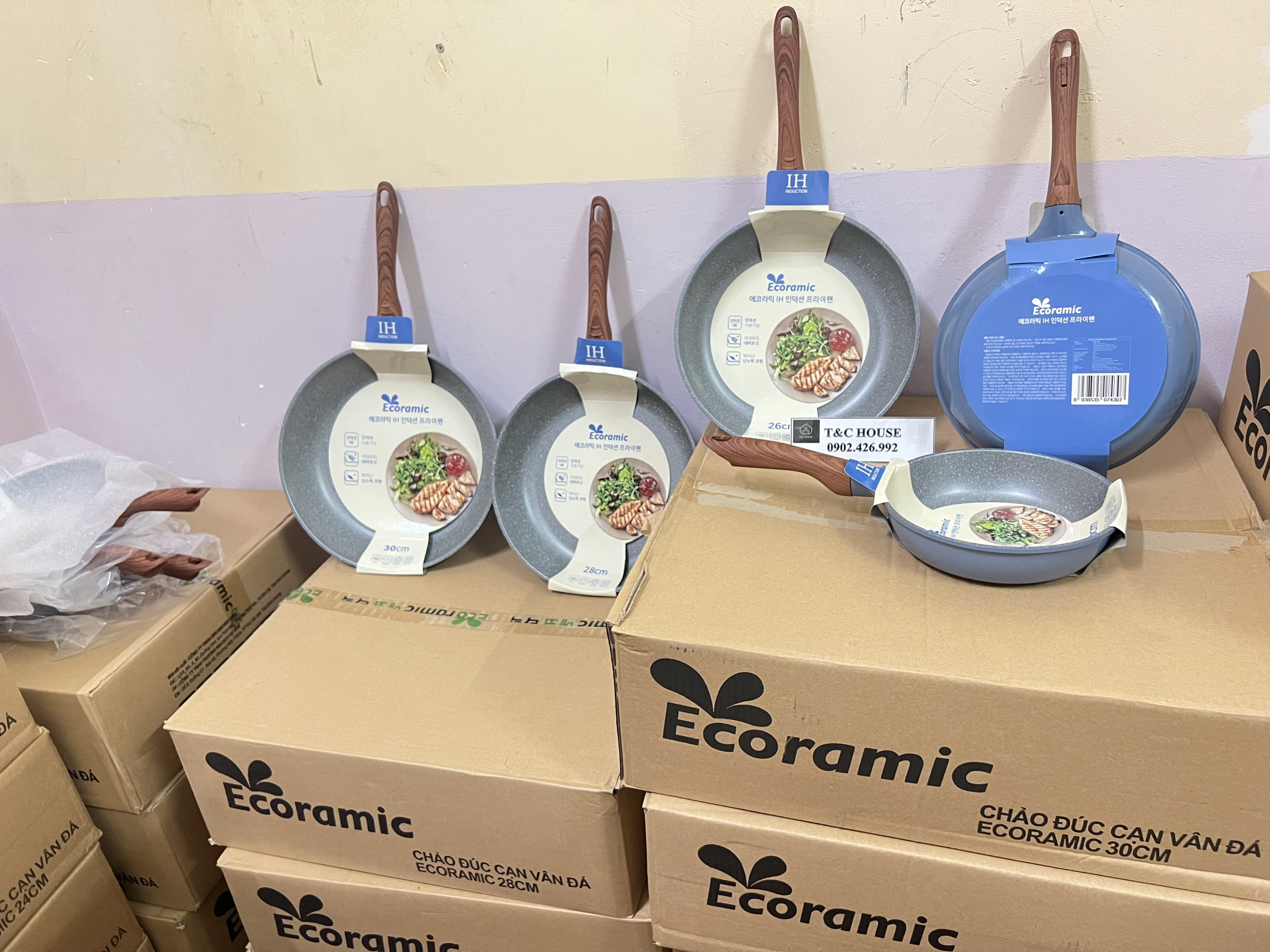 Chảo chống dính vân đá cạn lòng ecoramic hàn quốc đáy từ nhiều size đúc nguyên khối chính hãng