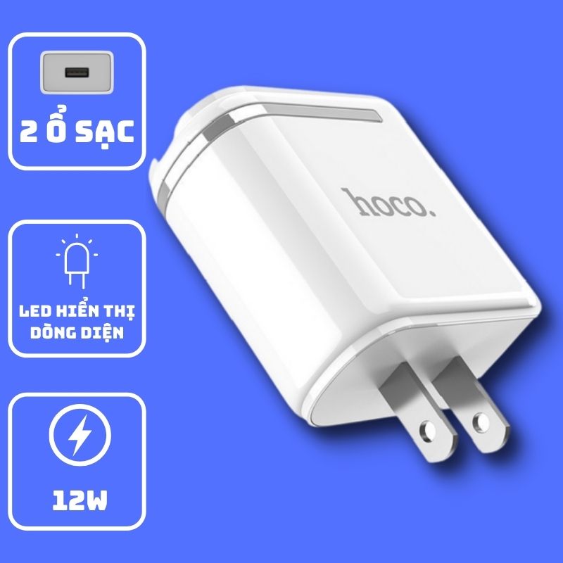 Củ sạc Hoco C39 / 2 cổng sạc nhanh usb 12W / có đèn led hiển thị dòng điện.