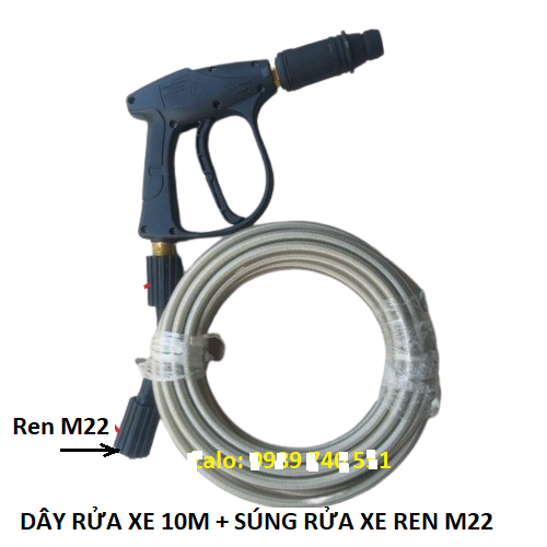 Combo s.úng hai đầu ren to d22mm và dây xịt rửa máy rửa xe áp lực cao 10m