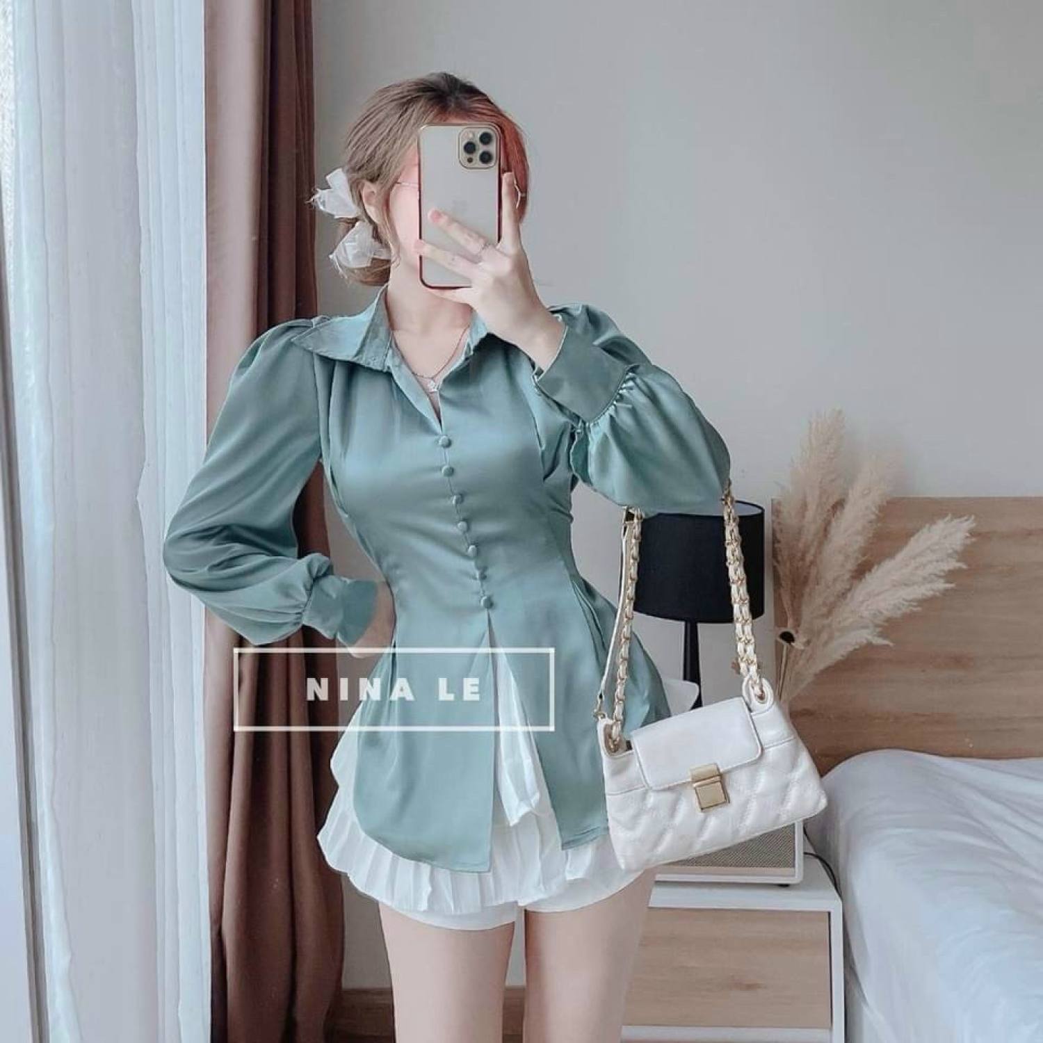Áo sơ mi nữ kiểu dáng ôm eo cột nơ sau lưng xinh xắn