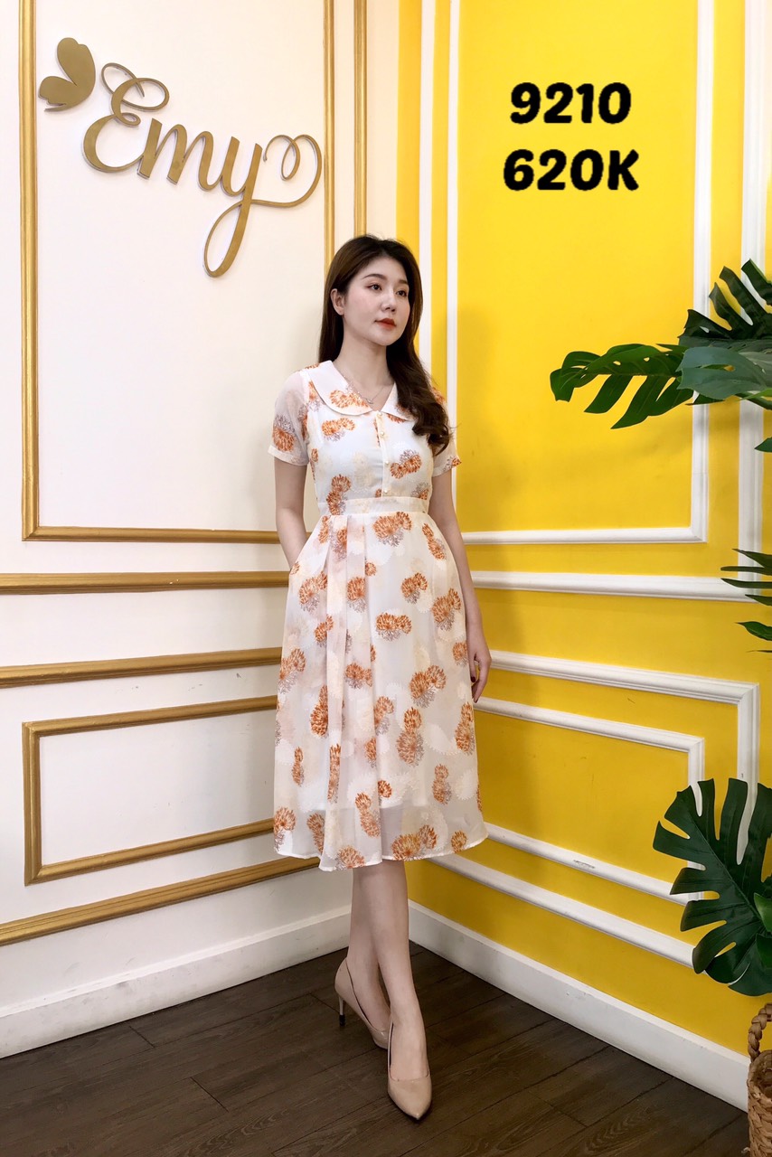 Đầm emy em9210 xoè hoa phối cổ lá