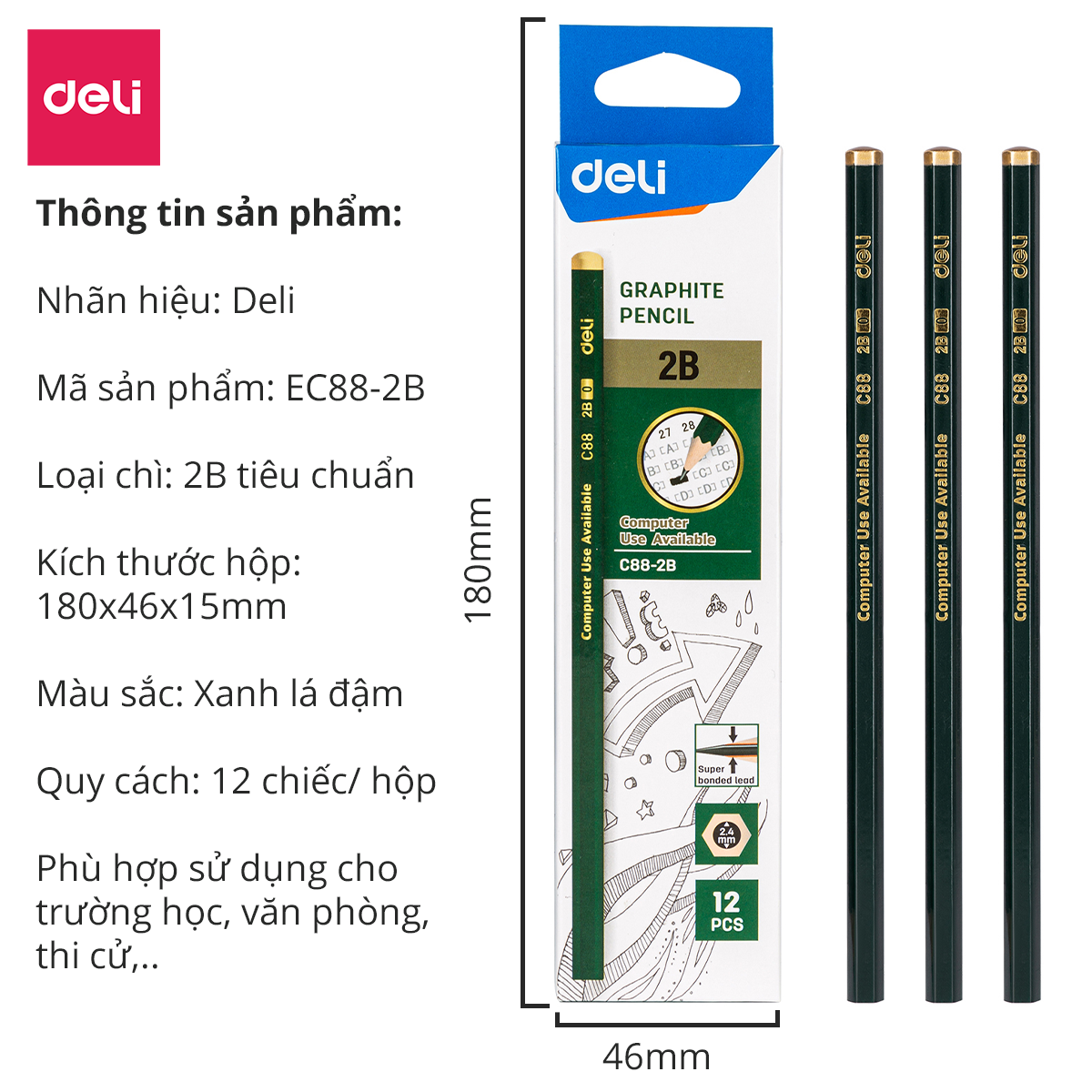 Combo 5 chiếc bút chì gỗ deli 2b nét đậm - ec88-2b