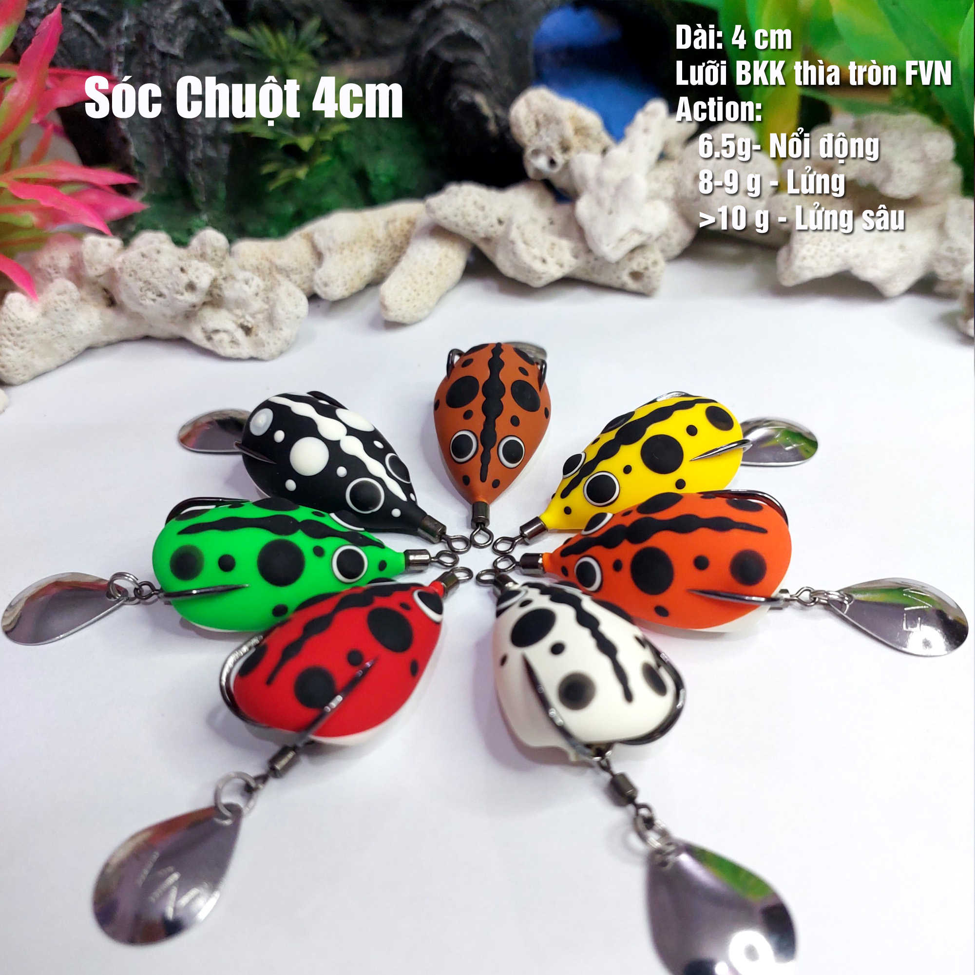 Mồi giả nhái hơi Sóc Chuột, dài 4cm, lưỡi BKK chống gỉ, thìa tròn FVN, giá tốt