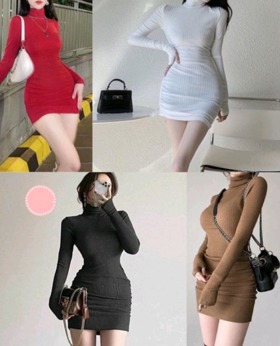 Đầm ôm body tay dài cổ lọ chất thun Gân len co giãn 4 chiều Cam Kết Hàng Y Hình