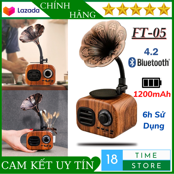 Loa Bluetooth Mini FT05 Phong Cách Cổ Điển Âm Thanh Siêu Trầm Bass Mạnh 10 x 22 cm Màu Nâu Vân Gỗ Cổ Điển