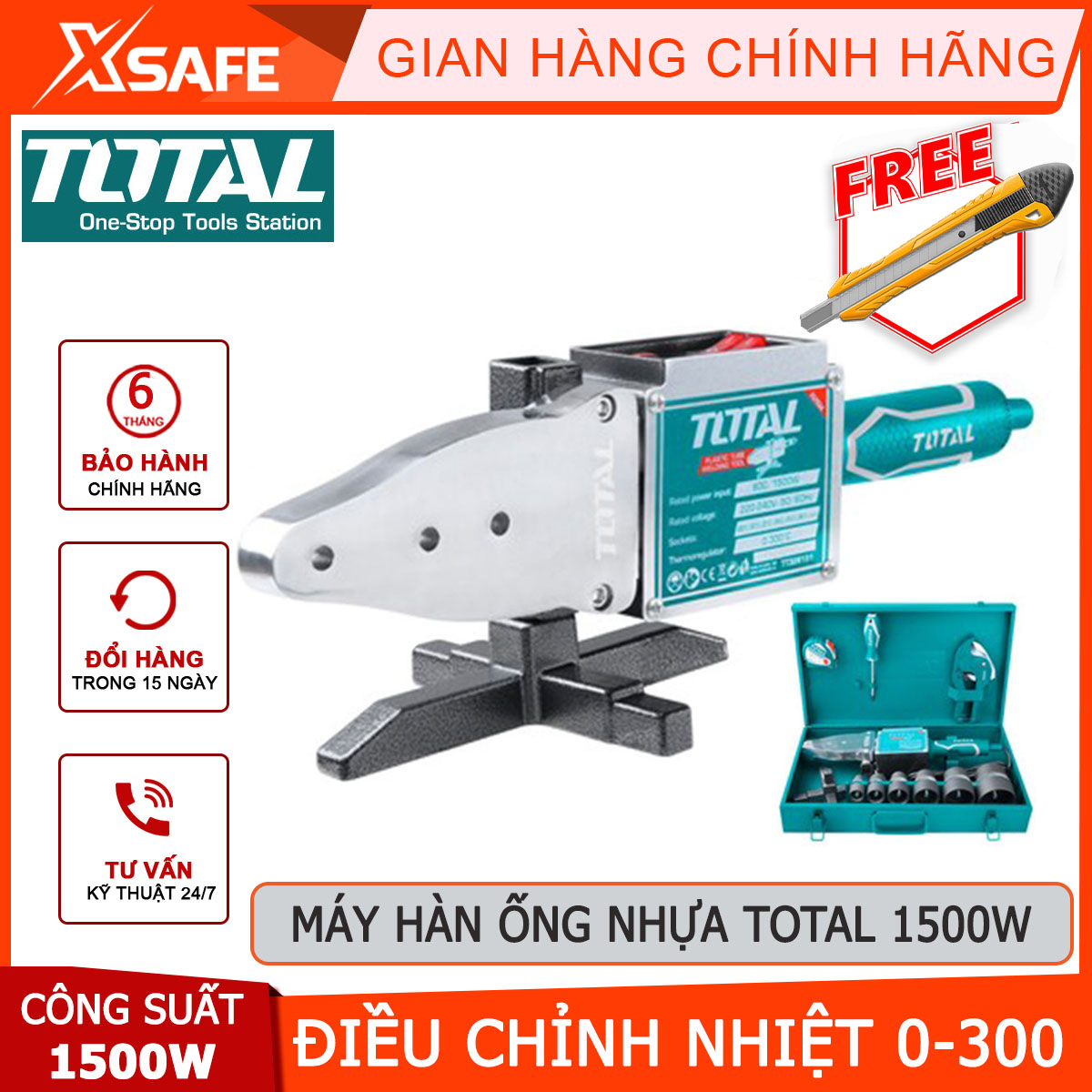 Máy hàn ống nhựa total tt328151 máy hàn nhiệt ống 800/1500w, 220-240v~50/60hz, điều chỉnh nhiệt 0-300°c, 2 cấp gia nhiệt nhanh, thời gian làm nóng nhanh độ kết dính cao, bền lâu