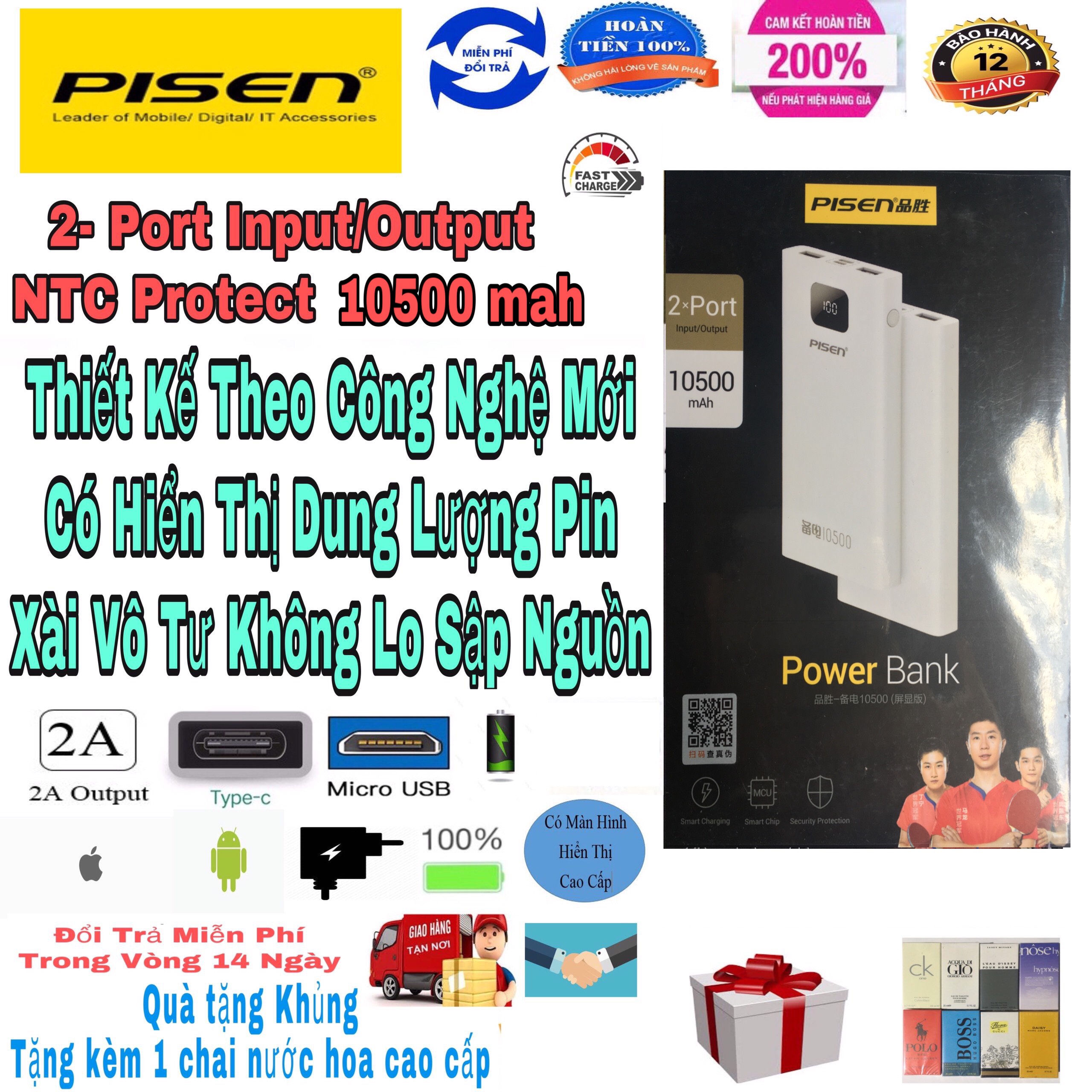 [HCM]Pin sạc dự phòng Pisen TP- D04LS dung lượng 10500 mAh - hổ trợ 2 cổng input Micro USB và Type C (trắng). Bảo Hành 1 đổi 1 trong vòng 12 tháng các lỗi về kĩ thuật.).