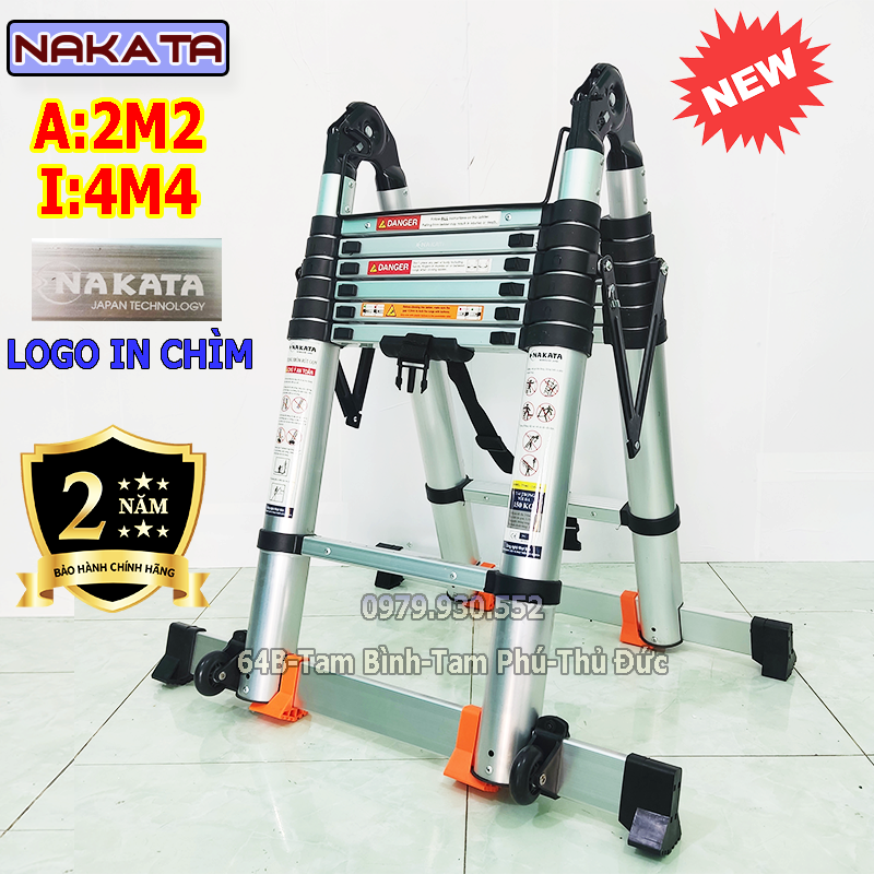 Thang nhôm rút đôi Nakata, thang inox rút đôi Nakita (Chữ A: 2,2m; Chữ I: 4,4m)  Thang rút có khóa gấp tự động Chiều cao tối đa chữ A:2.2m, Chiều cao tối đa duỗi thẳng (chữ I):4.4m