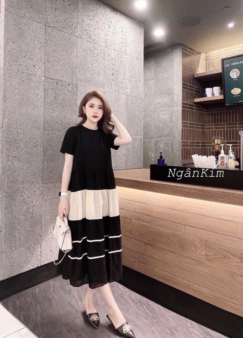 Váy bầu, đầm bầu cộc tay chất cottong công sở co dãn dáng dài giá rẻ