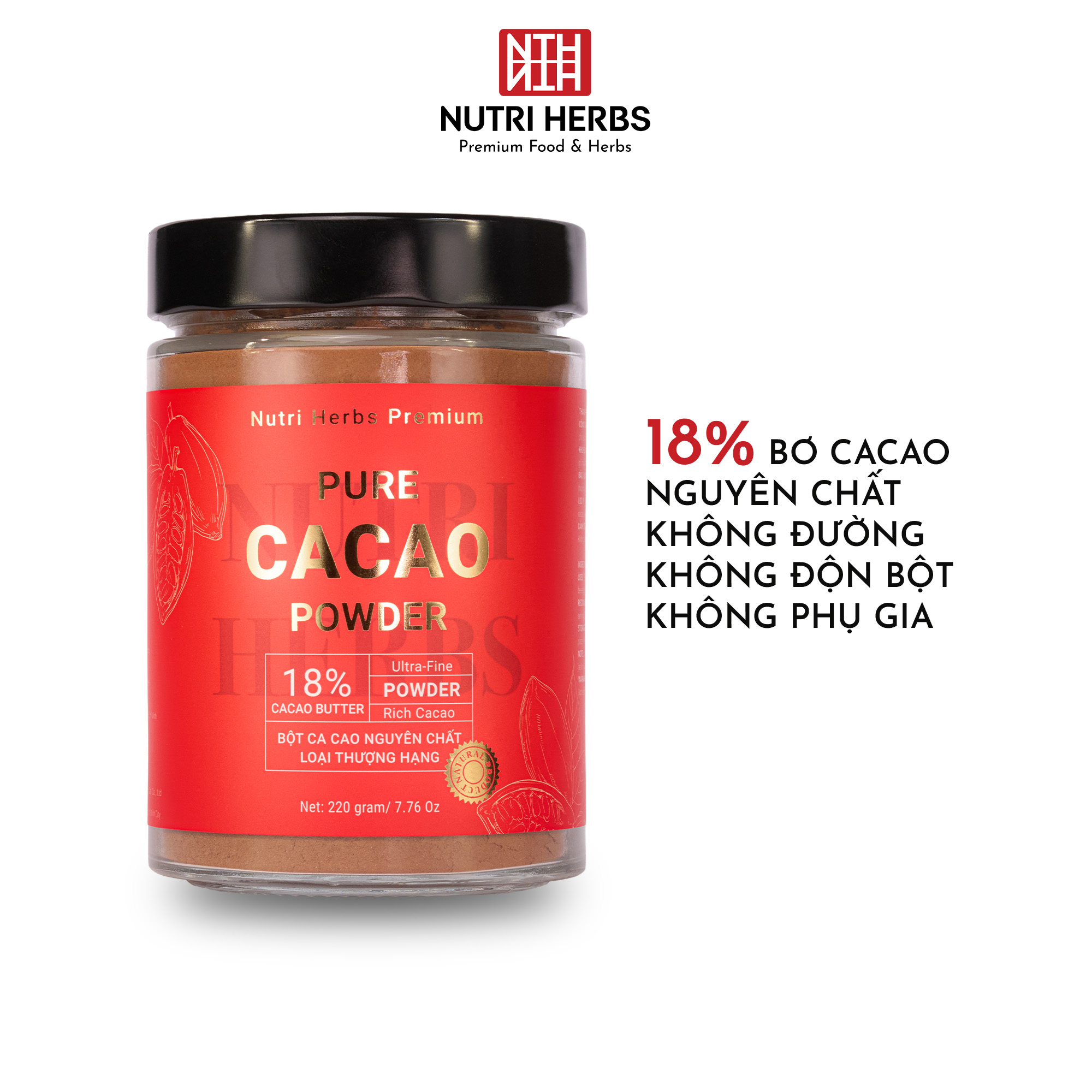 Bột Cacao Nguyên Chất Nutri Herbs – Bơ Cao 18%, Giàu Flavonoid, Không Đường & Hương Liệu – 50g/220g