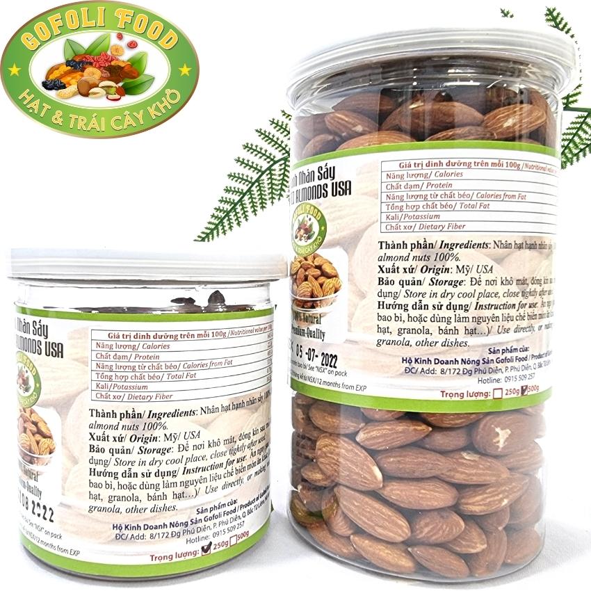 Hạnh nhân sấy chín Gofoli nguyên vị 250g, loại 1, nhập Mỹ, giòn, thơm, ngon, giàu protein, vitamin E / Roasted almond nuts Gofoli, no salt, original taste,  premium quality