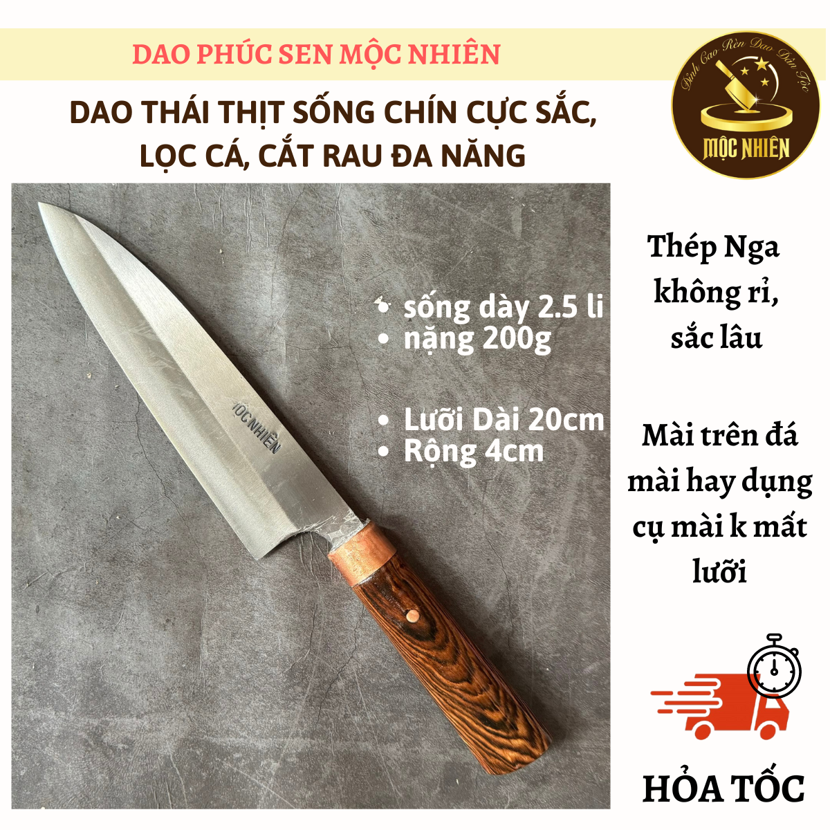 Dao thái thịt thép không rỉ Mộc Nhiên, thái thịt sống chín, lọc cá, cắt rau đa năng