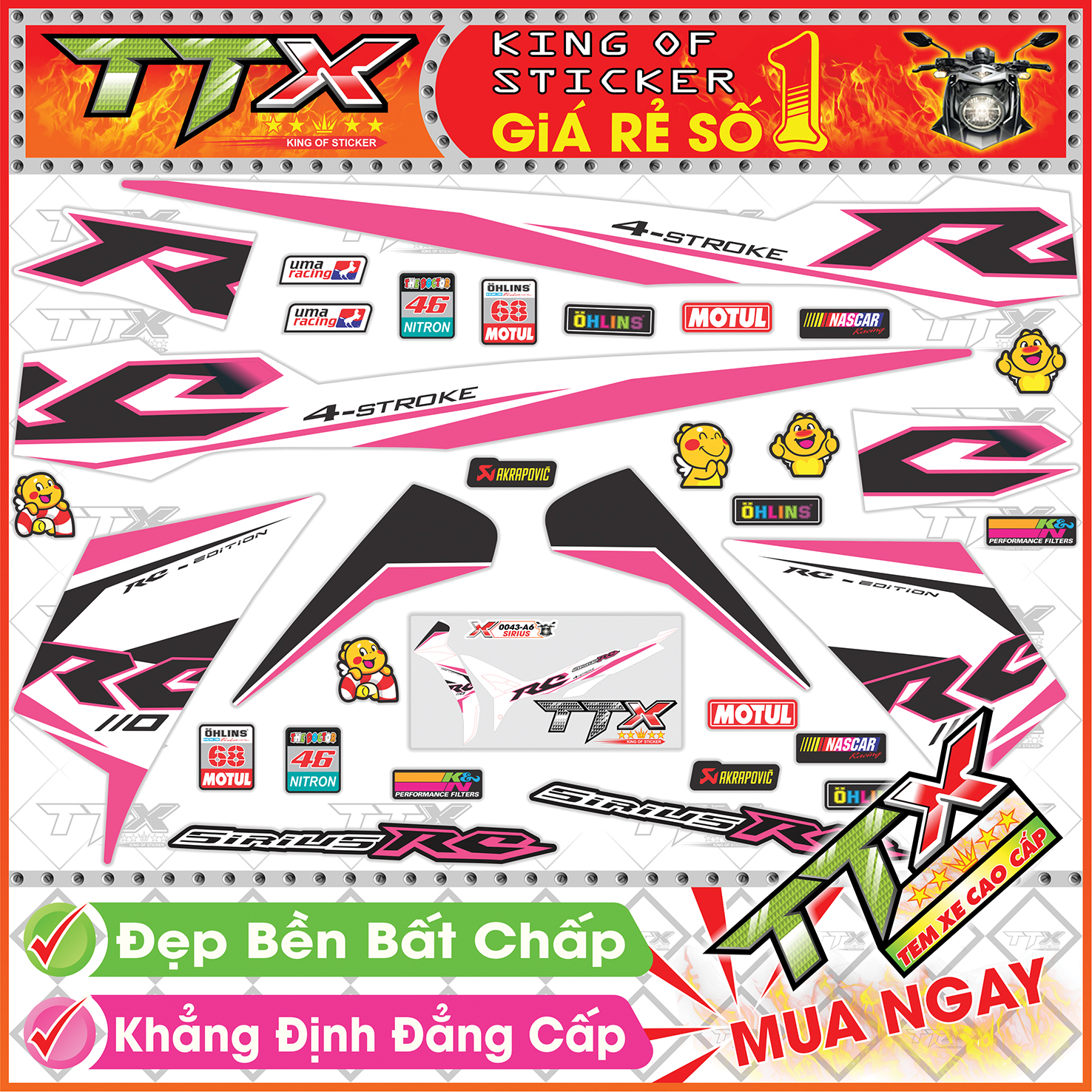 Tem Xe Sirius 110 RC Trắng Hồng Đen - Tem Sirius RC Đen Hồng Trắng Siêu Đẹp - Mẫu Team Sirius Trắng Hồng Đen