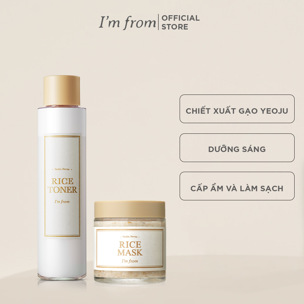 Combo dưỡng sáng Mặt nạ chiết xuất gạo I'm From 110g+Nước hoa hồng chiết xuất gạo I'm From Rice Toner 150ml