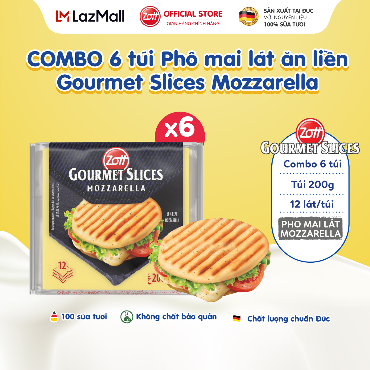COMBO 6 túi Phô mai lát Zott Gourmet Slices MOZZARELLA nhập khẩu từ Đức