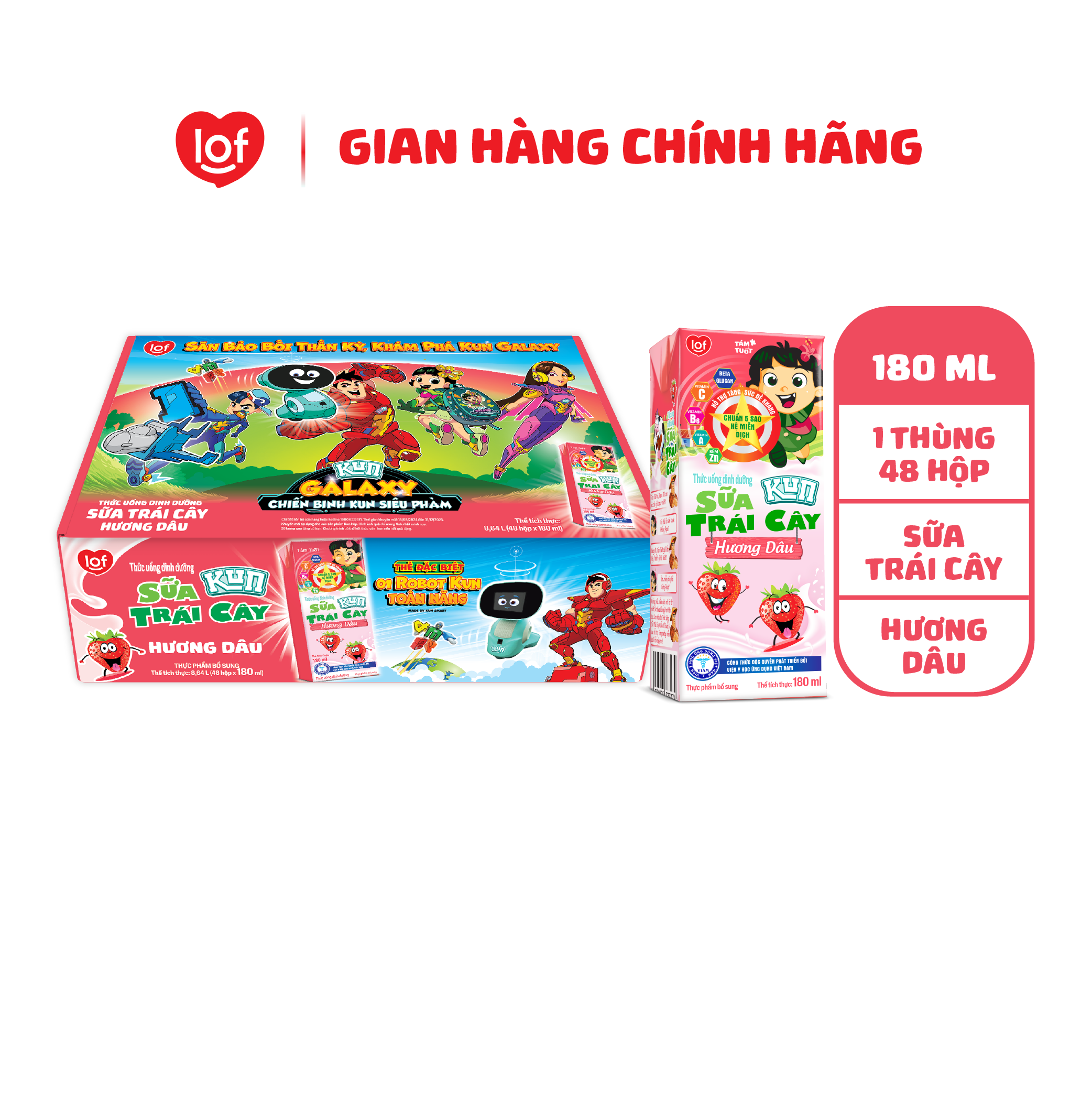 Sữa trái cây kun vị dâu thùng 48 hộp x 180ml