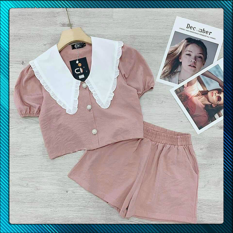 [HCM]Set Đùi Cổ Phối - Nút Cài Thật - thời trang Hoa Anh Đào chất liệu Đũi Nhăn phong cách nhẹ nhàng đơn giản one size từ 40 - 52kg