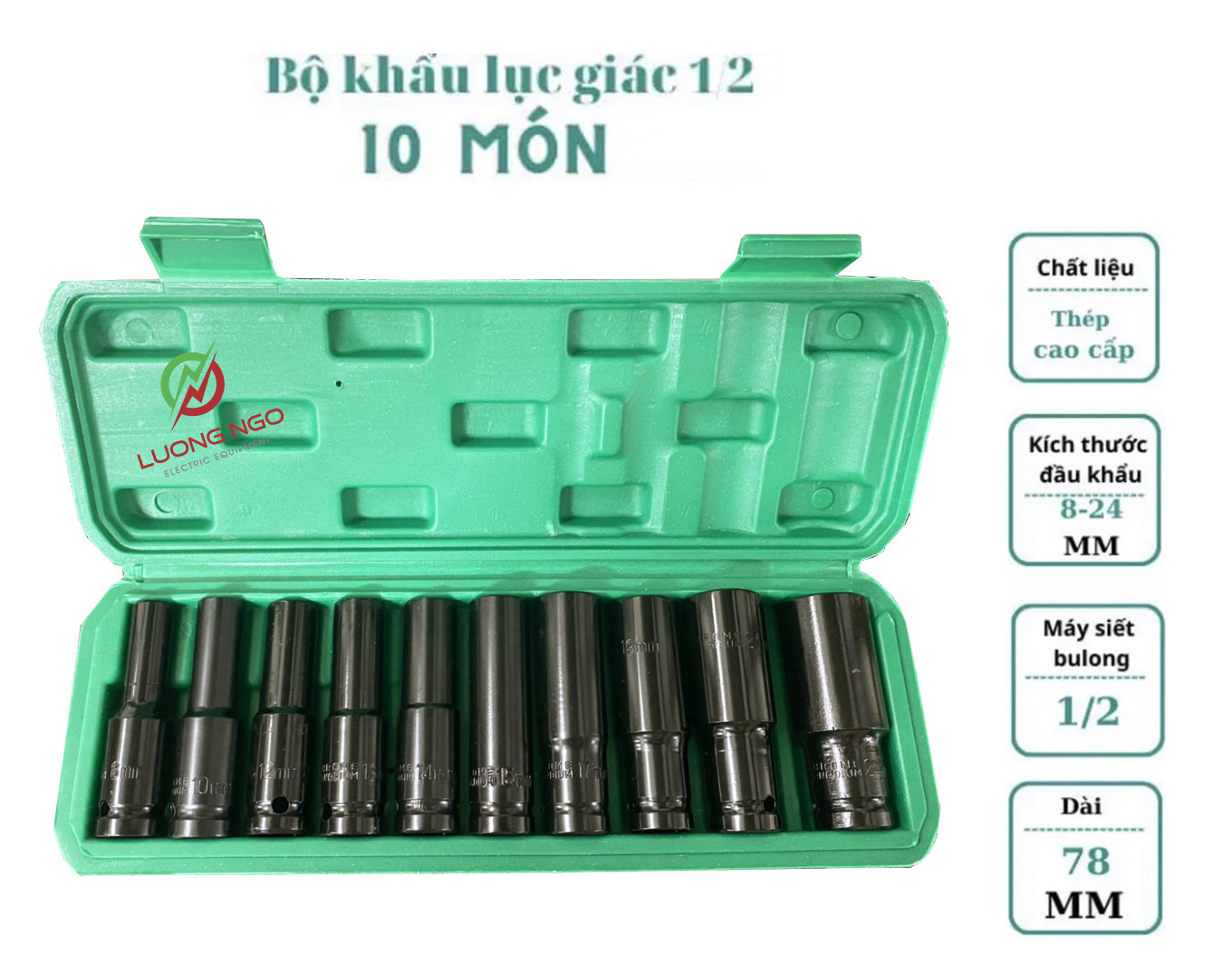 Bộ 10 đầu khẩu 1/2 loại dài Cao Cấp dùng cho máy siết bulong 10-24mm