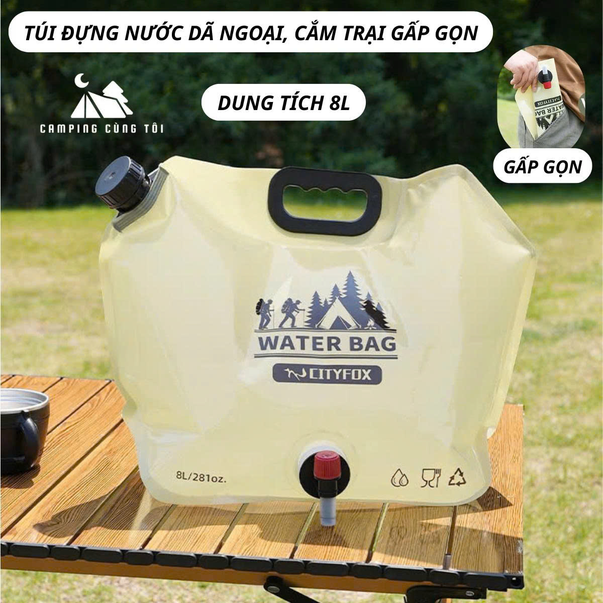 Túi đựng nước dã ngoại, du lịch ngoài trời gấp gọn, túi đựng nước dung tích 8L nhựa PVC an toàn