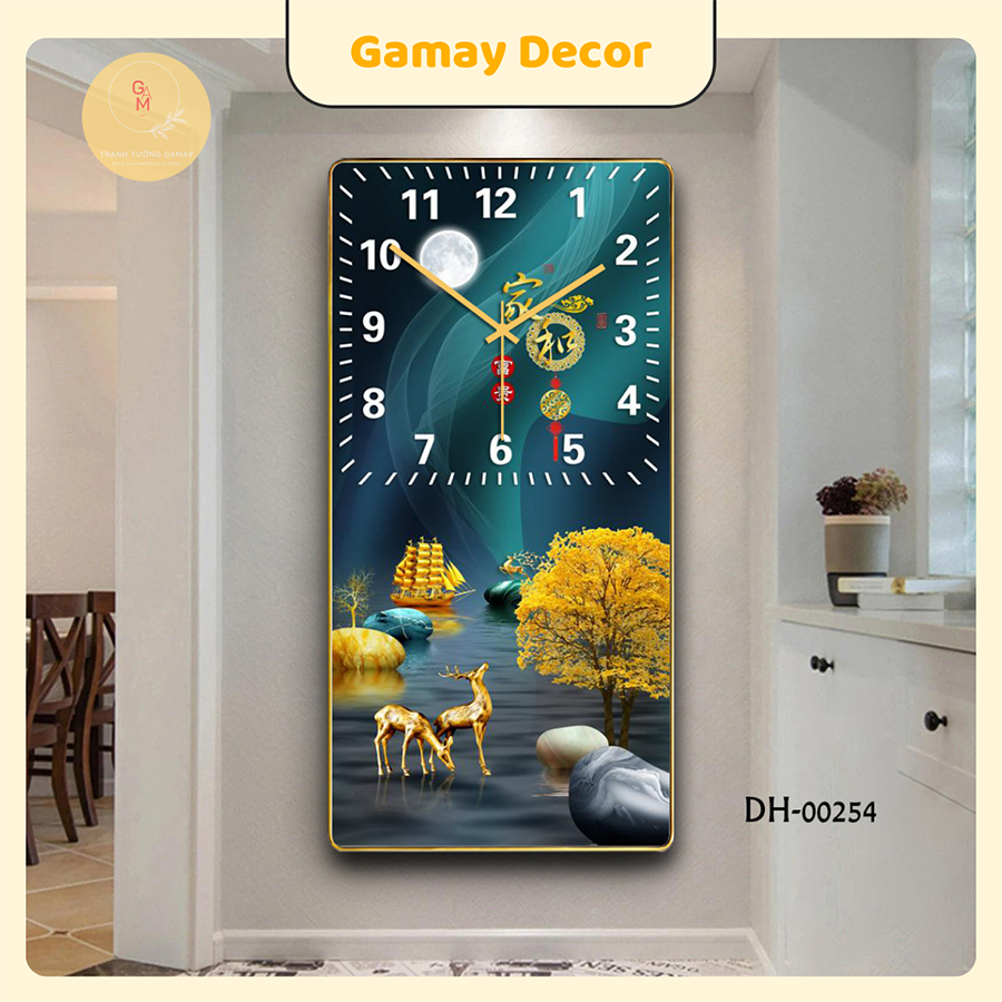  Tranh đồng hồ treo tường Hươu Tài Lộc tranh đồng hồ tráng gương trang trí phòng khách phòng ngủ - Tranh Tường Shop GM02 