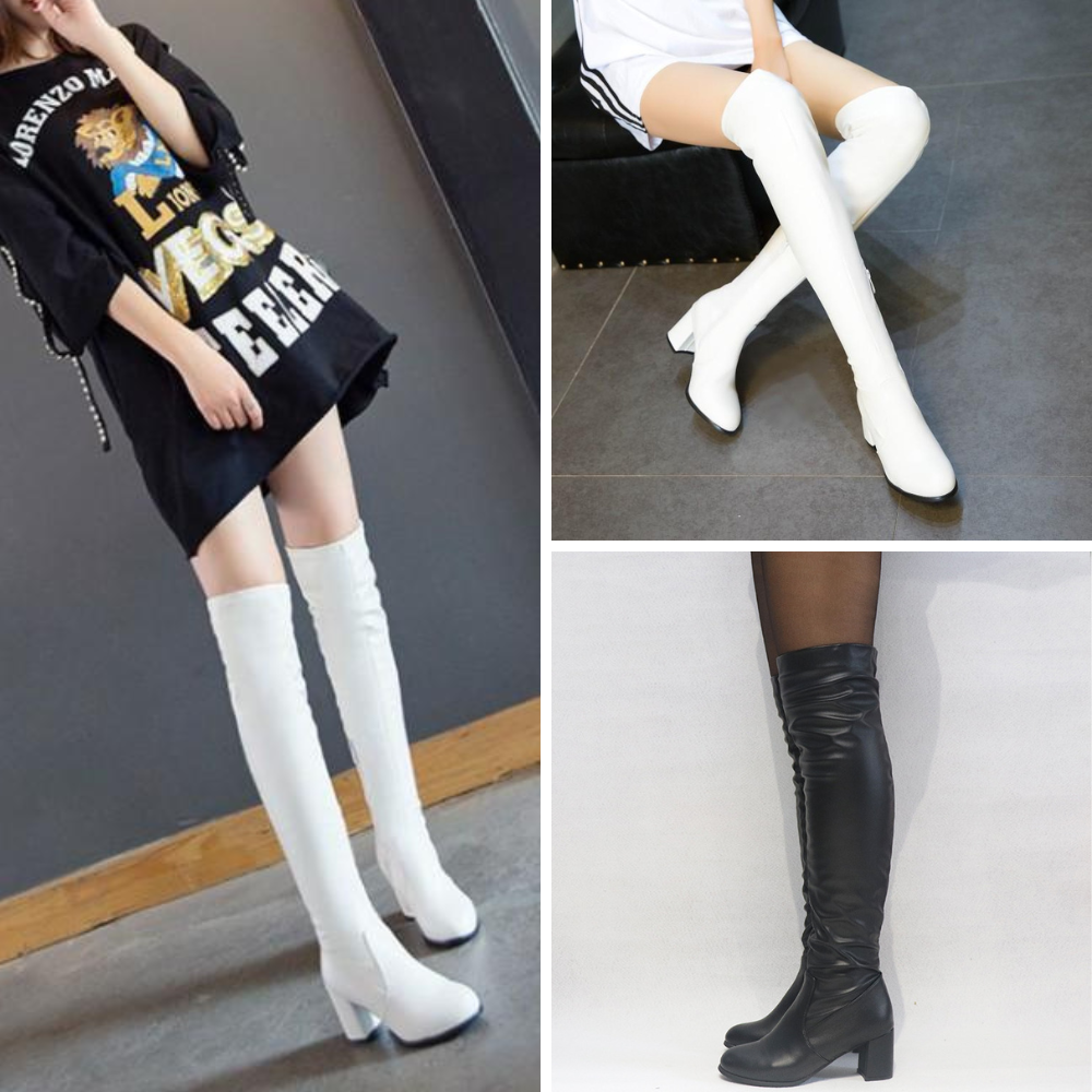 Giày boot nữ cổ cao ngang đùi GÓT VUÔNG cao 7cm màu trắng, đen thiết kế đơn giản TRẺ TRUNG- HIỆN ĐẠI GCC51