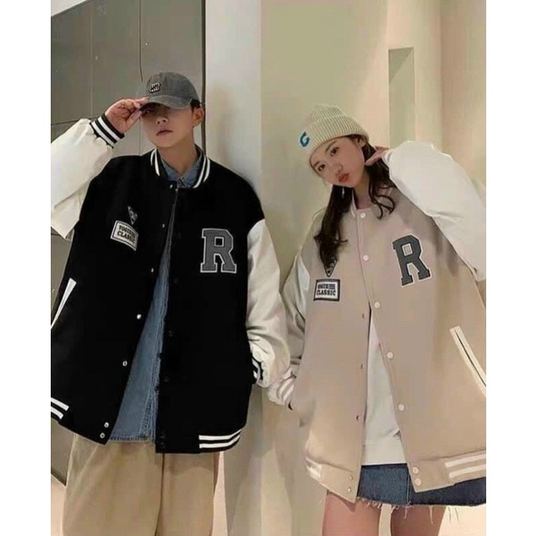 Áo khoác bomber da lộn unisex 2 lớp logo thêu chữ R chất da xịn