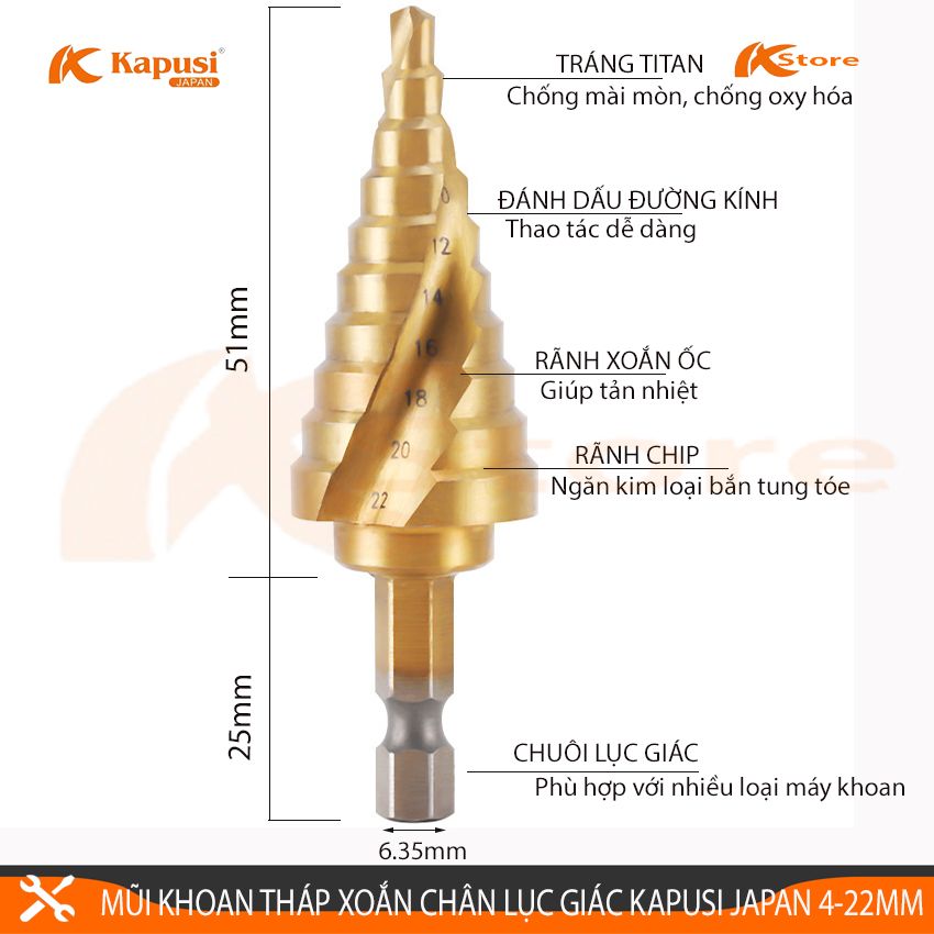 MŨI KHOAN THÁP XOẮN KAPUSI JAPAN 4-22MM CHUÔI LỤC GIÁC - MŨI KHOAN TẦNG TIÊU CHUẨN NHẬT BẢN - MŨI KHOANG BƯỚC ĐA NĂNG THÉP HSS CAO CẤP