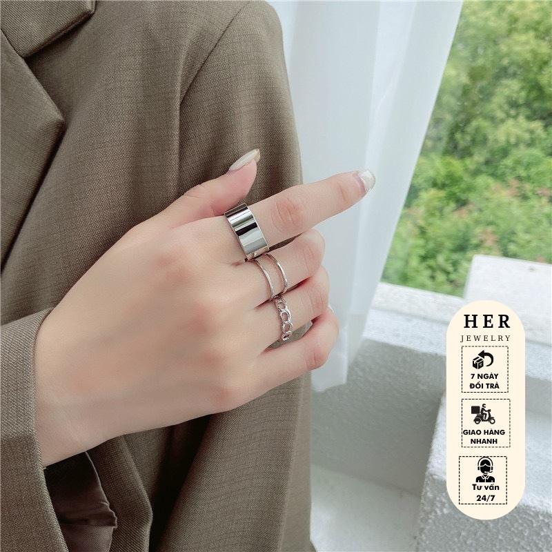 Set nhẫn 3 chiếc, Nhẫn bạc nam nữ basic kiểu đặc mix dây xích cá tính Her Jewelry N28