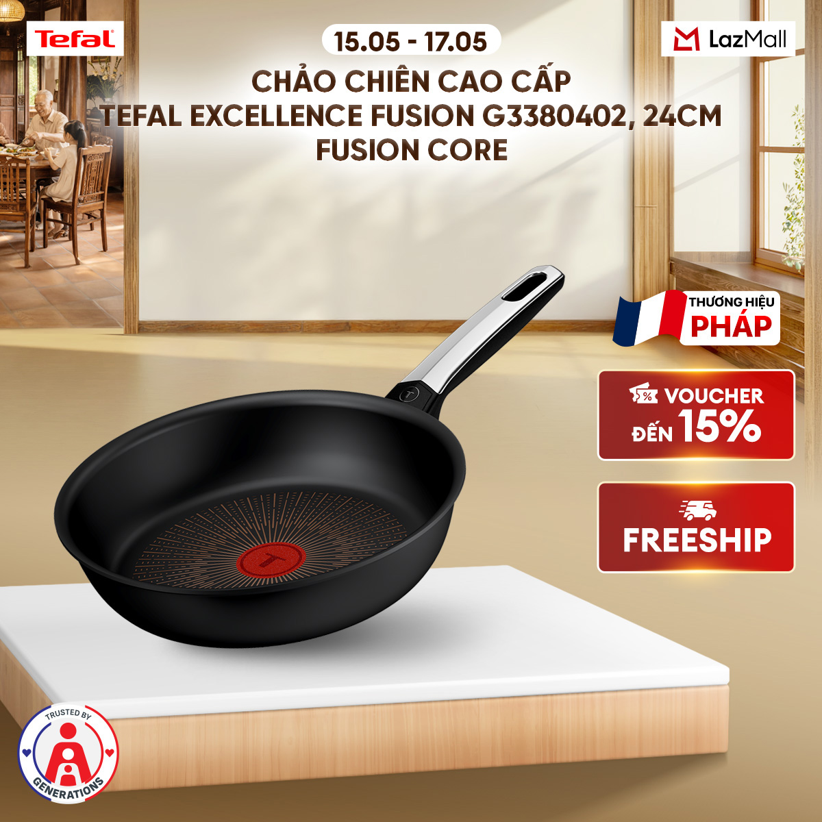 Chảo chiên cao cấp Tefal Excellence Fusion G3380402, 24cm, Fusion Core