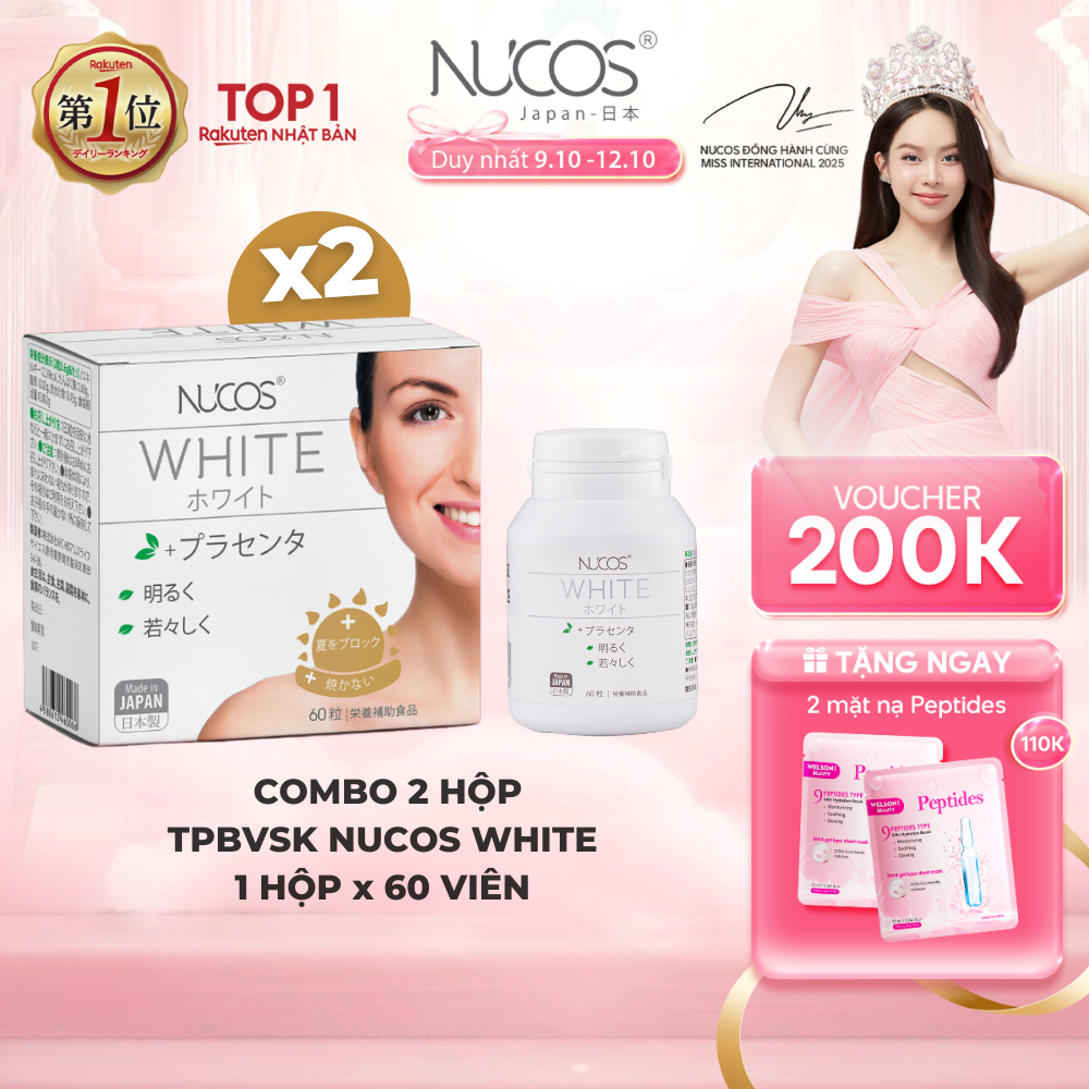 Combo 2 hộp TPBVSK Viên Uống Trắng Da Nucos White Giúp Mờ Thâm Nám, Sáng Da, Chống Nắng 60 viên