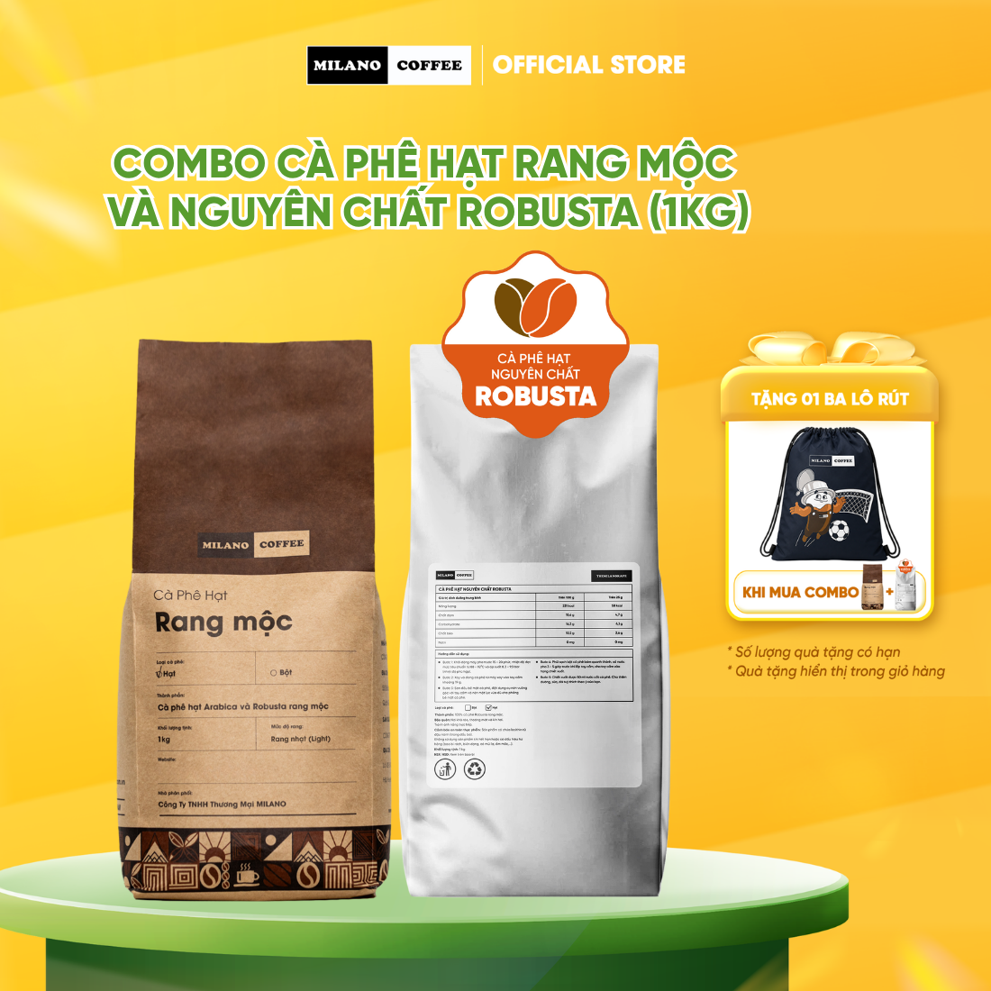 Combo cà phê hạt pha máy Milano Coffee - Cà phê hạt rang mộc và cà phê hạt nguyên chất Robusta (1kg)