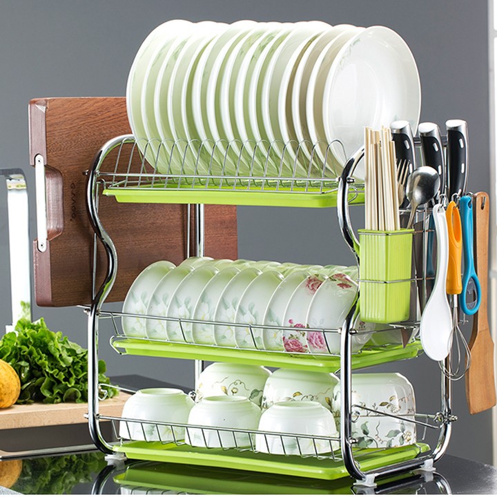 Kệ úp bát đĩa 3 tầng, chất liệu inox, kích thước 42x25x44cm, tặng kèm ống để dao đũa, kệ úp chén đĩa