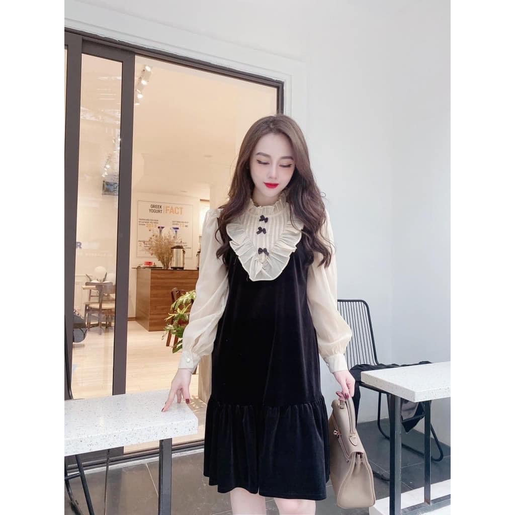 Đầm Nhung Suông Đuôi Cá Tiểu Thư Phối Bèo Đính Nơ Siêu Xinh, Váy Nữ Dự Tiệc Dài Tay Chất Nhung Dáng Suông Rẻ Và Đẹp, Đầm Thu Đông Phối Bèo Siêu Xinh