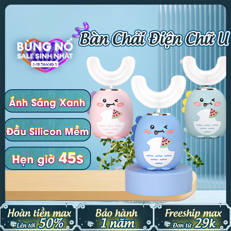 Bàn chải đánh răng điện cho bé 2 - 12 tuổi, bàn chải đánh răng chữ u cho bé lông mềm mại, bàn chải điện trẻ em automatik