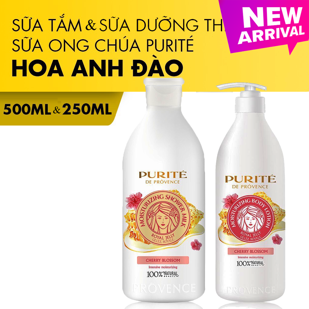 Combo sữa tắm 500ml và sữa dưỡng thể 250ml dưỡng trắng da purité sữa ong chúa hương hoa anh đào