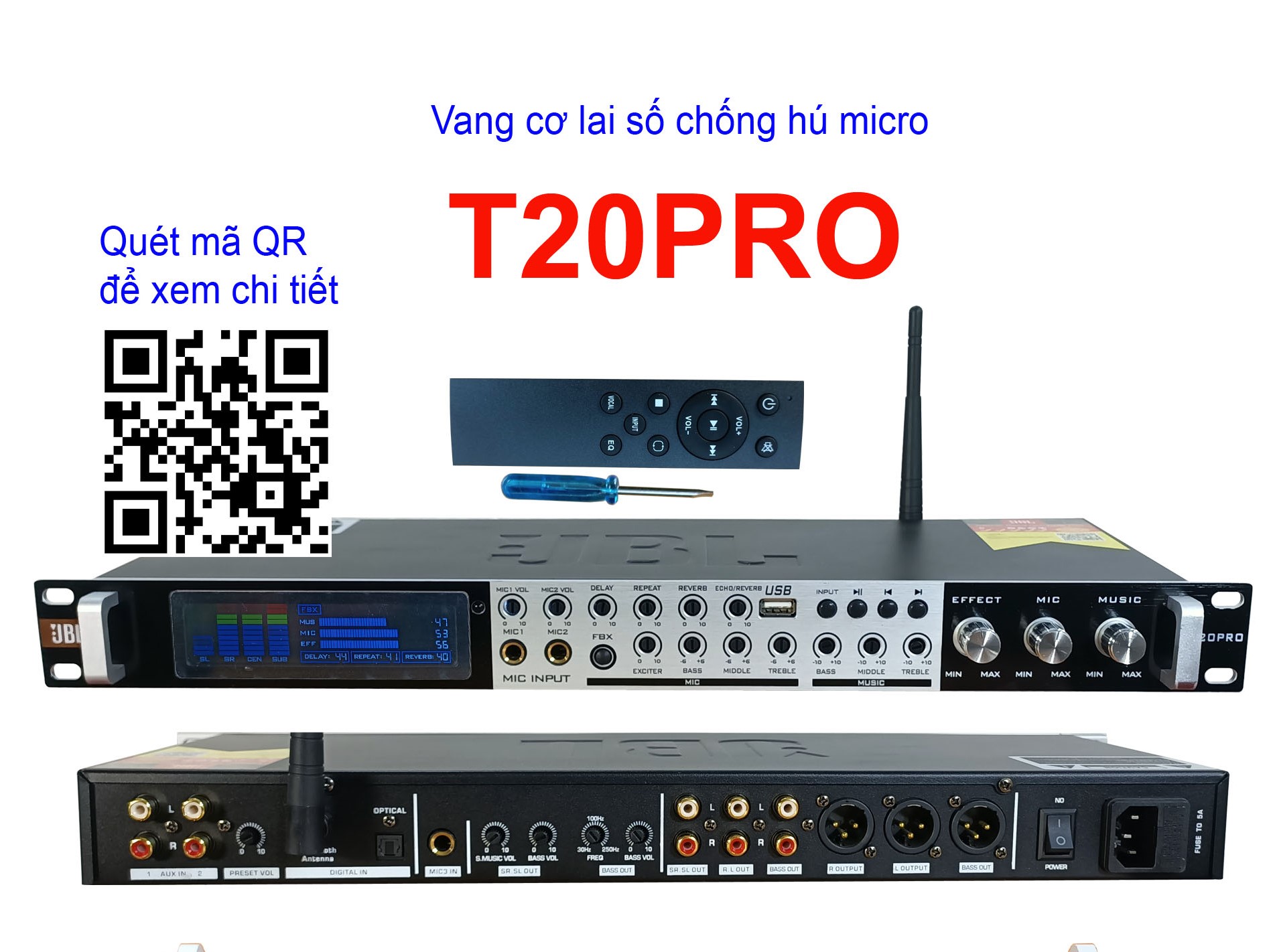Vang cơ lai số chống hú micro JBL T20 Pro Vỉ đỏ, vang số chỉnh cơ JBL T20Pro, vang Karaoke chống hú JBL T20Pro,  có Điều khiển + Cổng quang + Bluetooth, EV-2000
