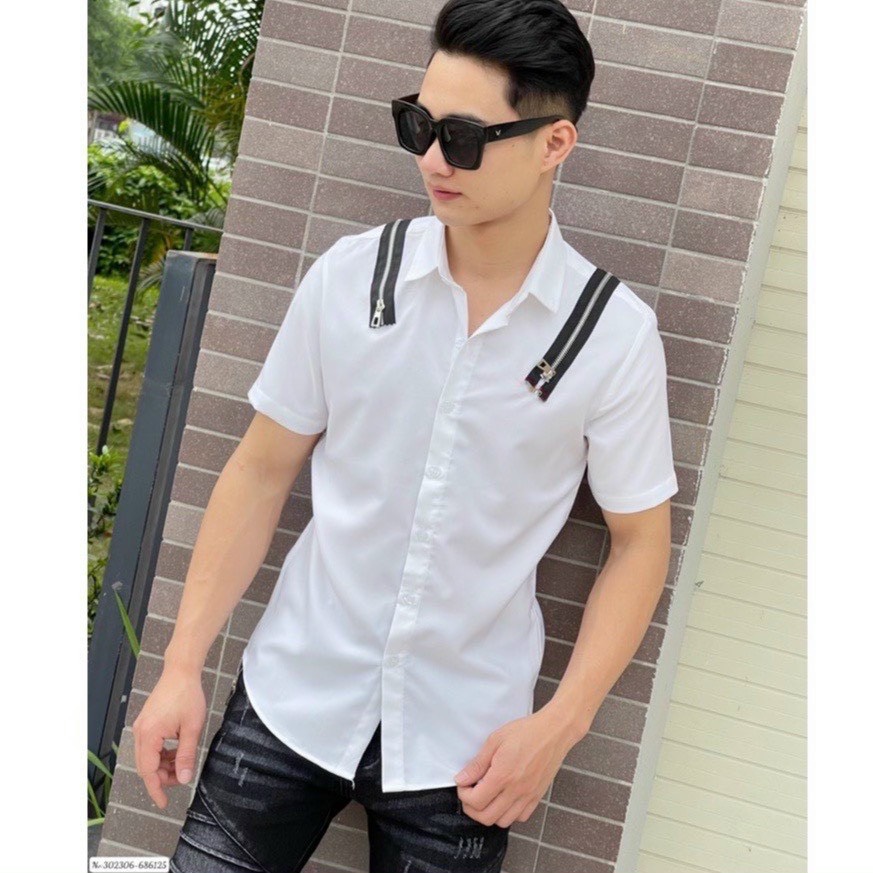 Áo sơ mi nam nữ có dây kéo vai màu trắng, Áo sơ mi nam nữ chất lụa co dãn, Áo sơ mi nam cao cấp-TB_FACSHION