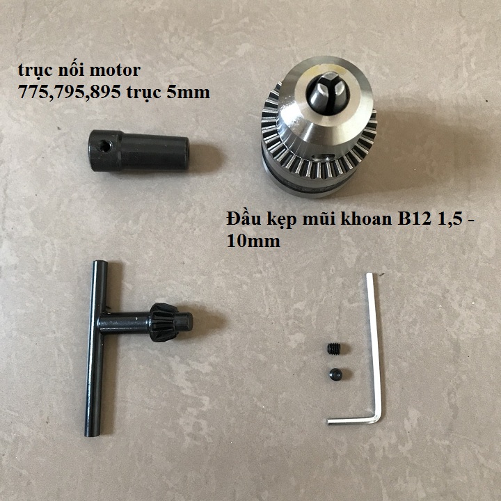 Đầu khoan B12 và trục nối 5mm cho motor 775