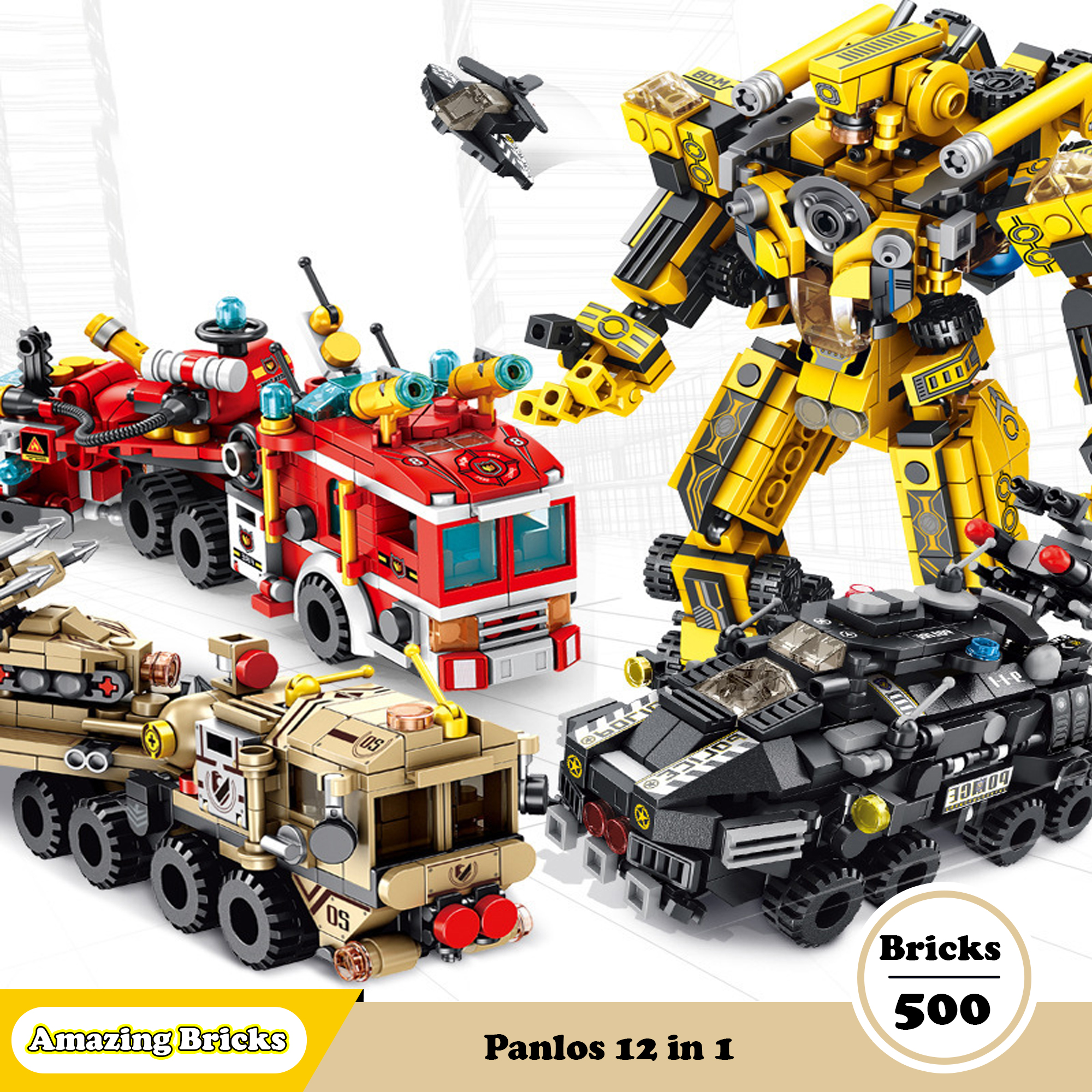 Đồ chơi Lego Lắp ráp Panlos 12 in 1 - Đồ chơi xếp hình thông minh - Bộ lắp ghép Robot, Xe tải, cứu hỏa - 600 mảnh ghép