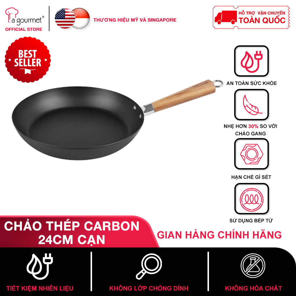 Chảo Thép Carbon 1 Tay Cầm La gourmet 24Cm cạn/sử dụng bếp từ-360755