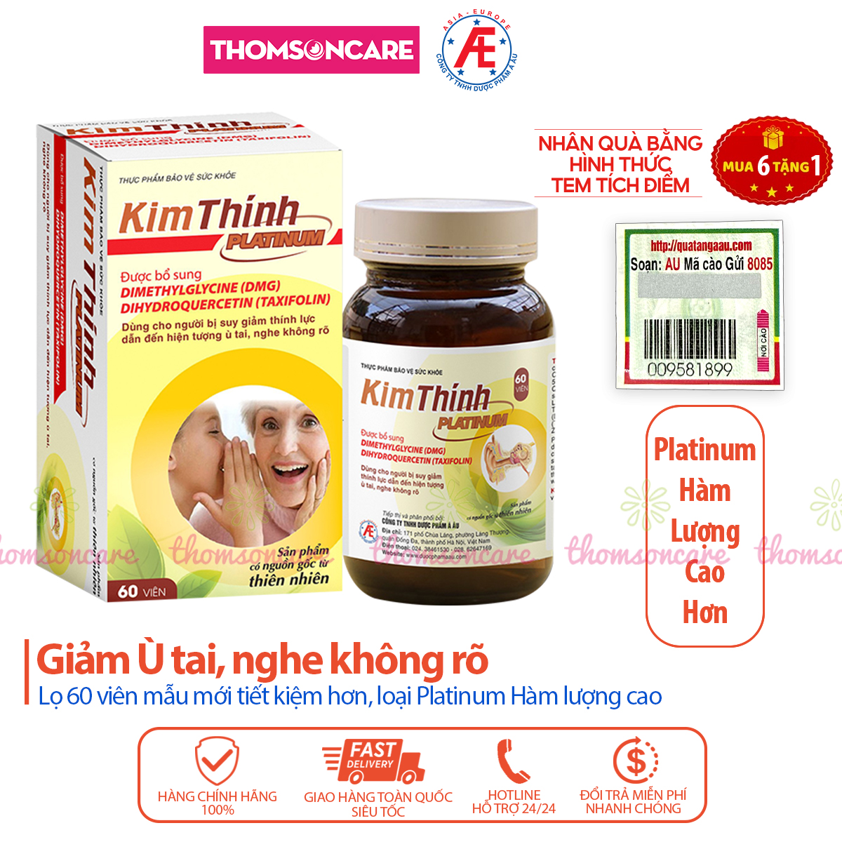 Kim Thính PLATINUM hàm lượng cao Tăng cường thính lực, ù tai từ thảo dược - Hộp 60 viên Thomsoncare