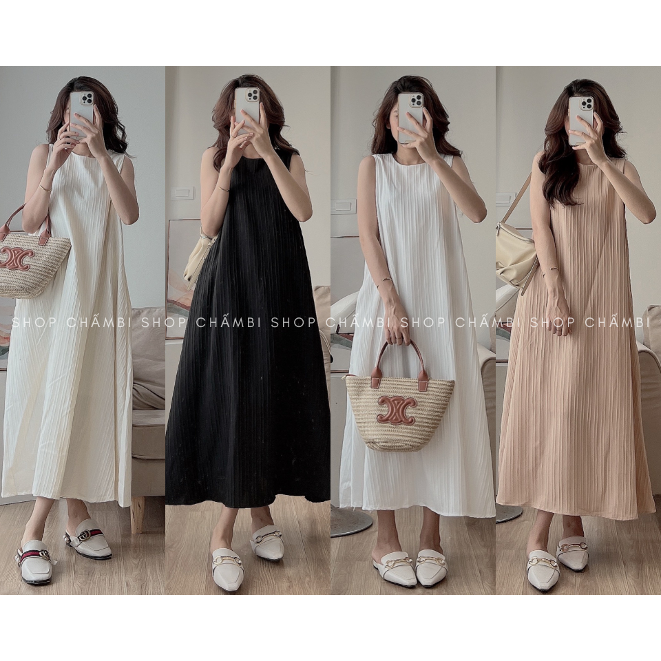 Váy nữ dáng dài V.160 Váy kiểu suông dài cổ tròn khoét nách basic trẻ trung - Shop Chấm Bi