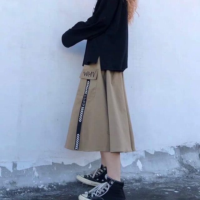 Chân váy kaki WHY túi dây dài qua gối Cá tính