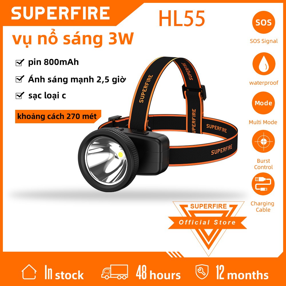 Superfire đèn đội đầu siêu sáng hl55 ánh sáng mạnh đèn led đặc biệt đi bộ đường dài ngoài trời gia dụng siêu sáng sạc được tầm xa
