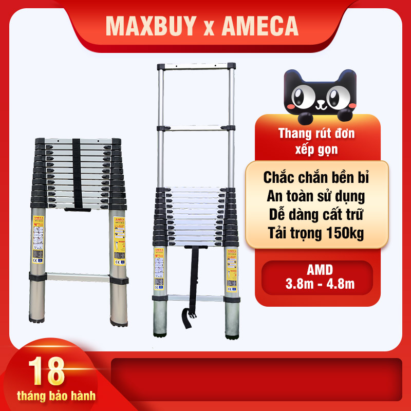 Thang nhôm rút xếp đơn Ameca Rút gọn Chắc chắn Chân thang chống trượt Chiều cao tối đa 3.8 - 4.8m Tải trọng 150kg Bảo hành 18 tháng AMD
