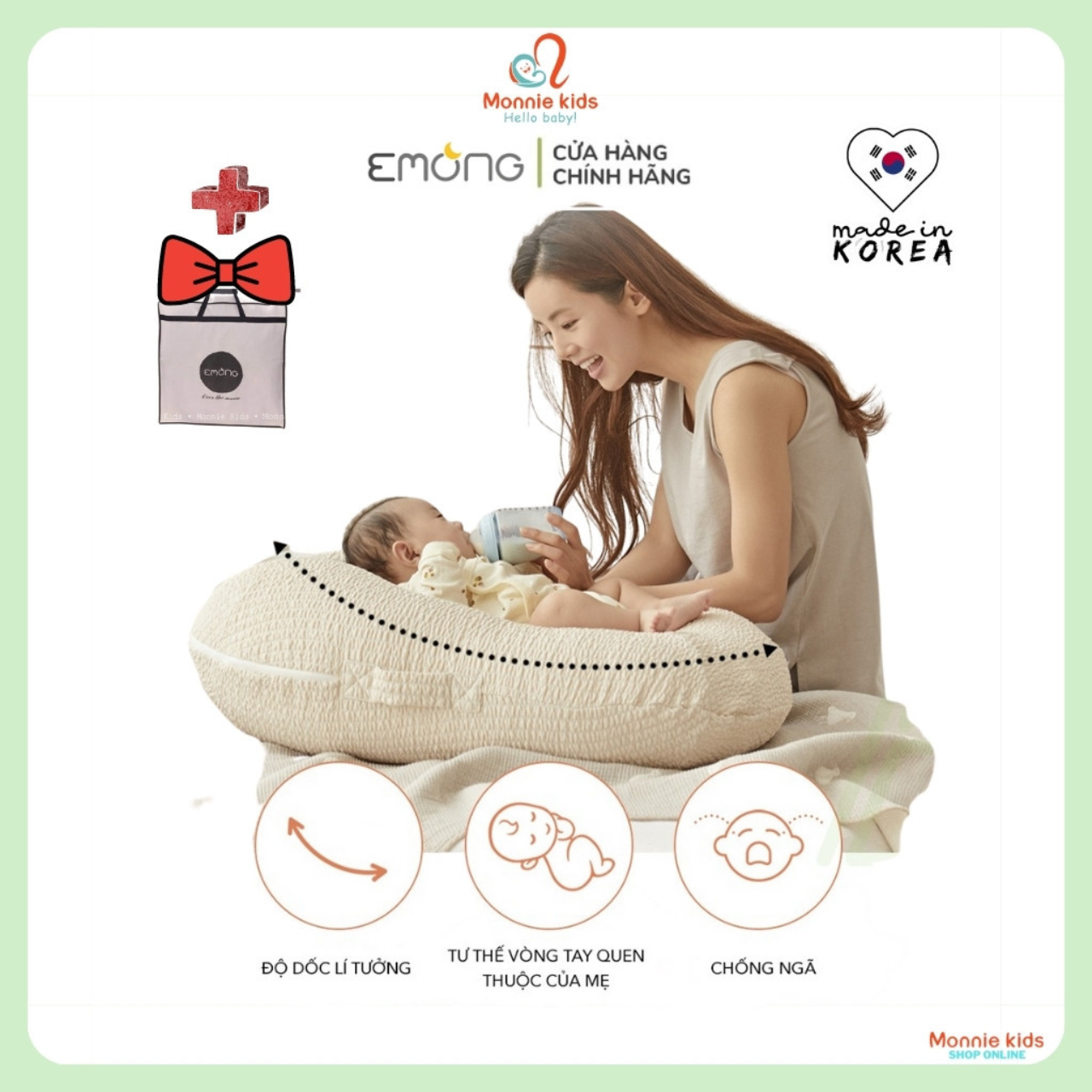 Gối chống trào ngược Emong cho bé 68x68cm, gối chống trào Hàn Quốc cho trẻ sơ sinh