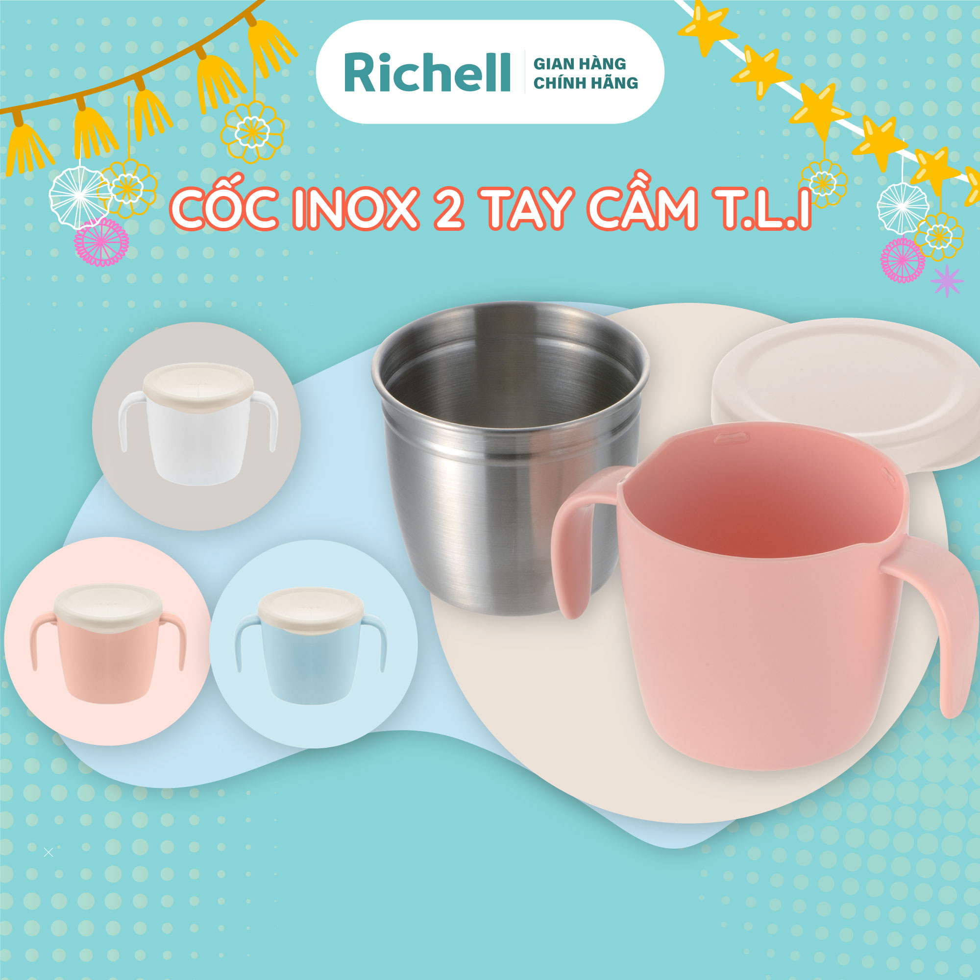 Cốc inox 2 tay cầm richell tli | baby